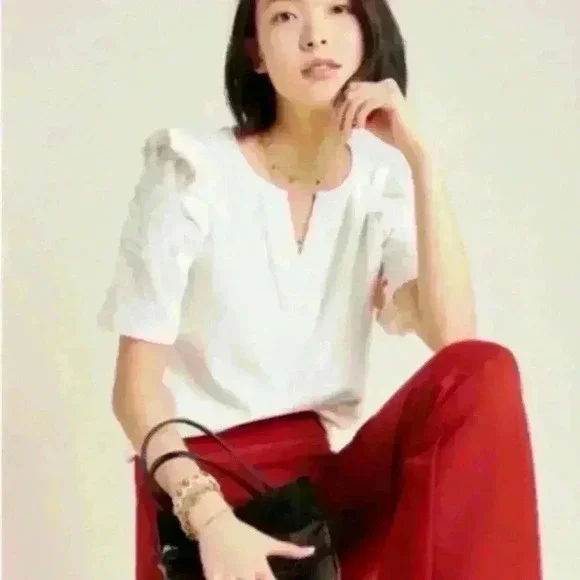 Anthropologie RARE Jacquie Lace Sleeved Top SM by Current Air Ivory Split V Neck - Picture 6 of 10